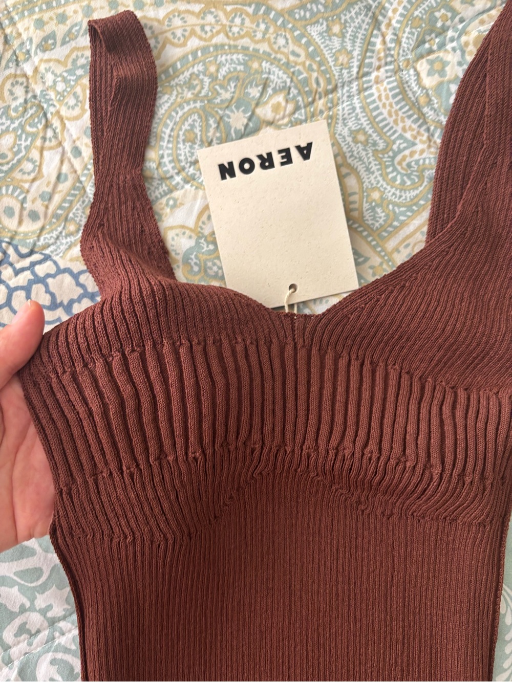 AERON Brown Ribbed V-Neck Tank Top